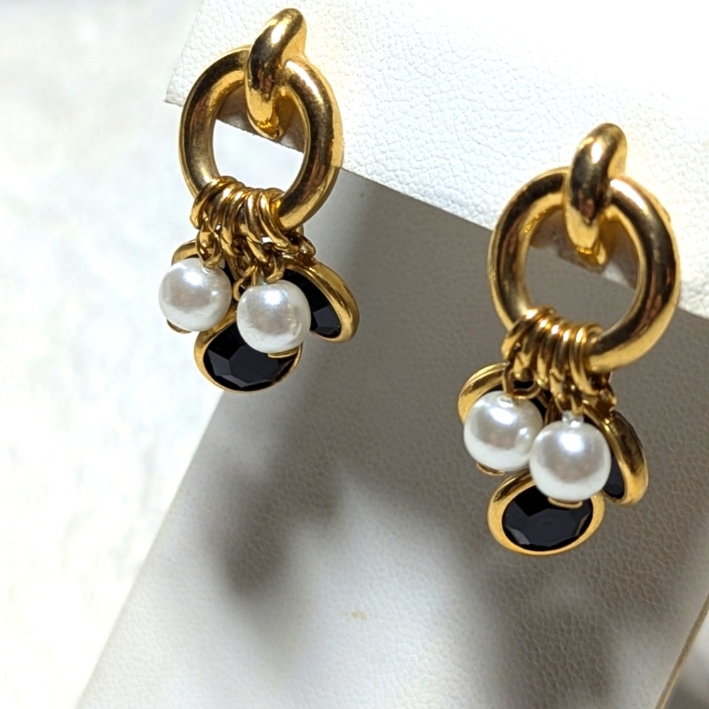 Elegant Goldtone, Black Crystal And Faux Pearl Pierced Dangle Earrings arrings - Picture 2 of 7